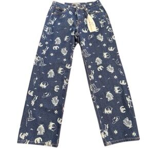 Cali 1850 Women's Wide Leg Mid Rise Western Print Blue Denim Jean Size 11/30 NWT